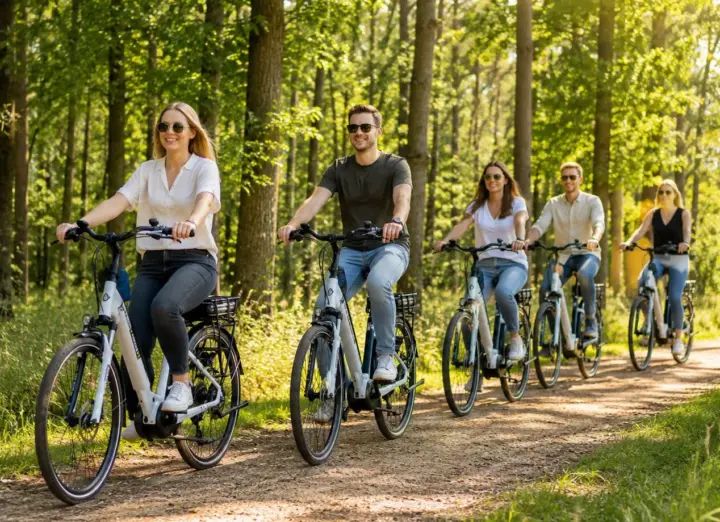Collega’s fietsen op e-bikes over een bospad in Twente tijdens een bedrijfsuitje nabij Almelo