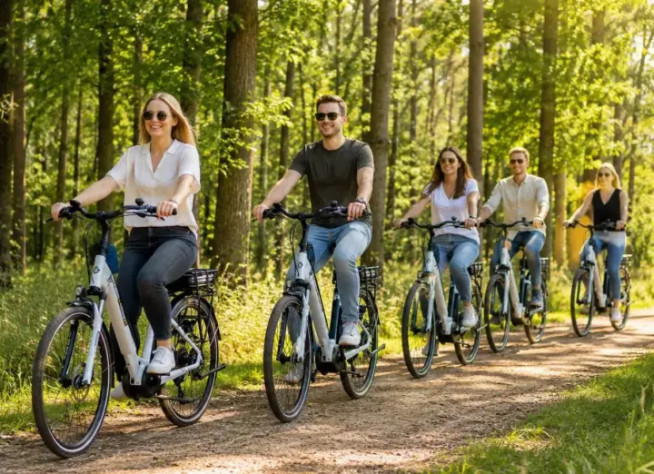 Collega’s fietsen op e-bikes over een bospad in Twente tijdens een bedrijfsuitje nabij Oldenzaal