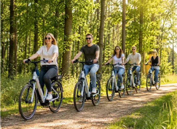 Collega's fietsen op e-bikes over een bospad in Twente tijdens een personeelsuitje nabij Hengelo